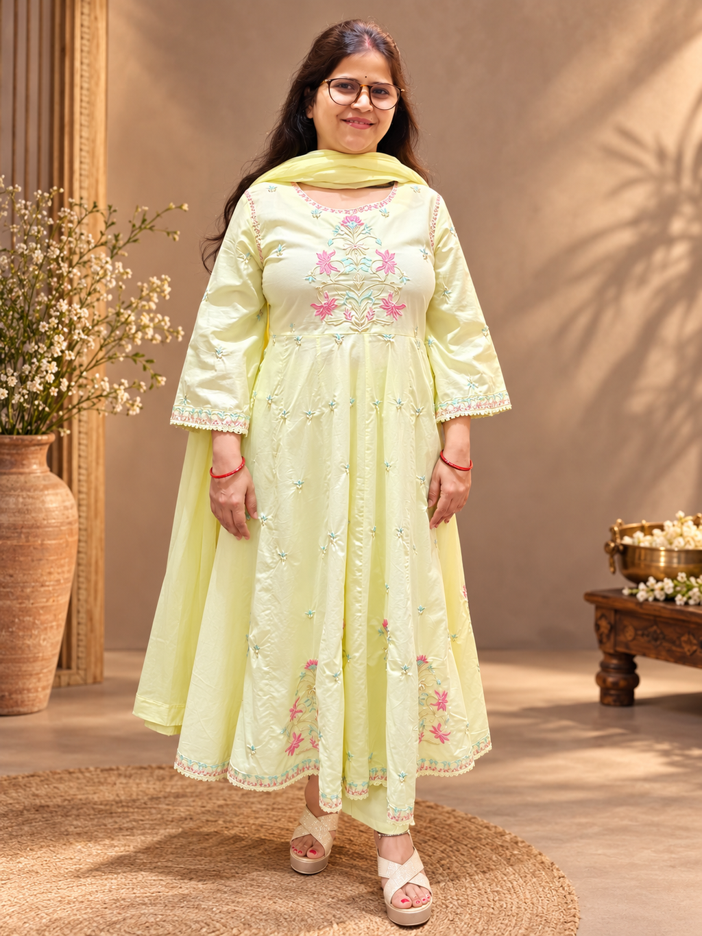 Pastel Yellow Cotton Embroidered Anarkali Suit Set