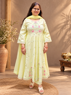 Pastel Yellow Cotton Embroidered Anarkali Suit Set