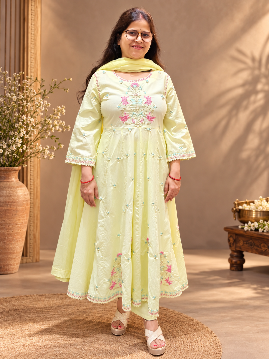 Pastel Yellow Cotton Embroidered Anarkali Suit Set