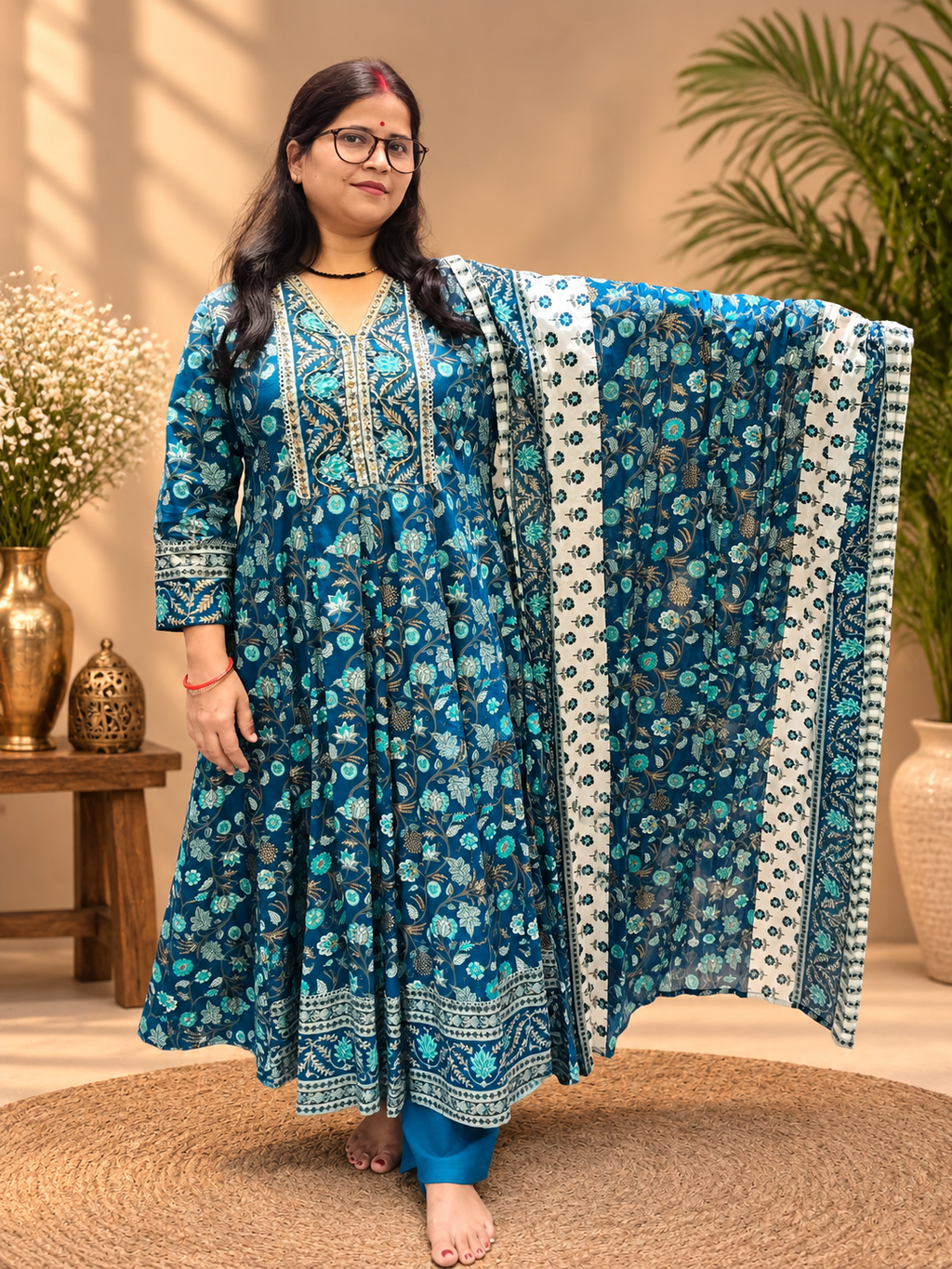 Cotton Anarkali Suit Set – Royal Blue Floral Print