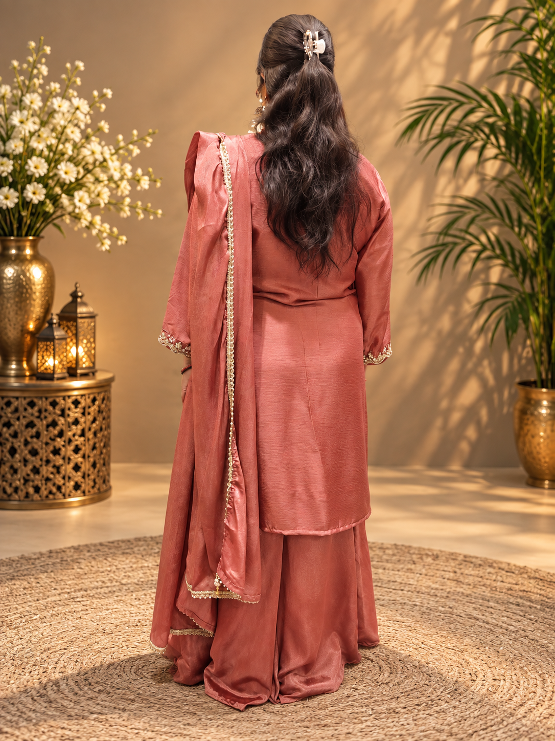 Dusty Rose Mirror Work Sharara Suit Set