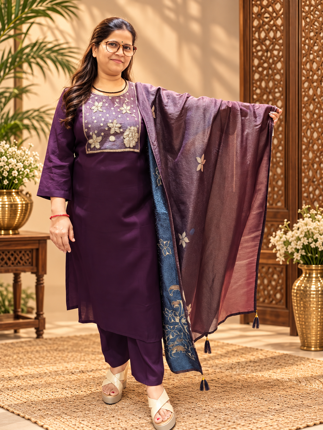 Wine Cotton Suit Set with Jacquard Dupatta