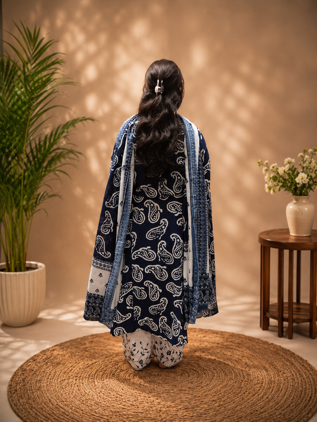 Indigo Printed 3-Piece Suit Set with White Thread Embroidery & Palazzo