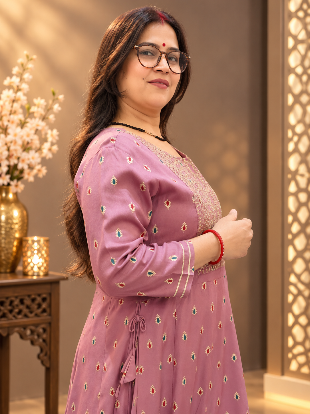 Dusty Mauve Rayon Printed Anarkali Long Kurti Dress