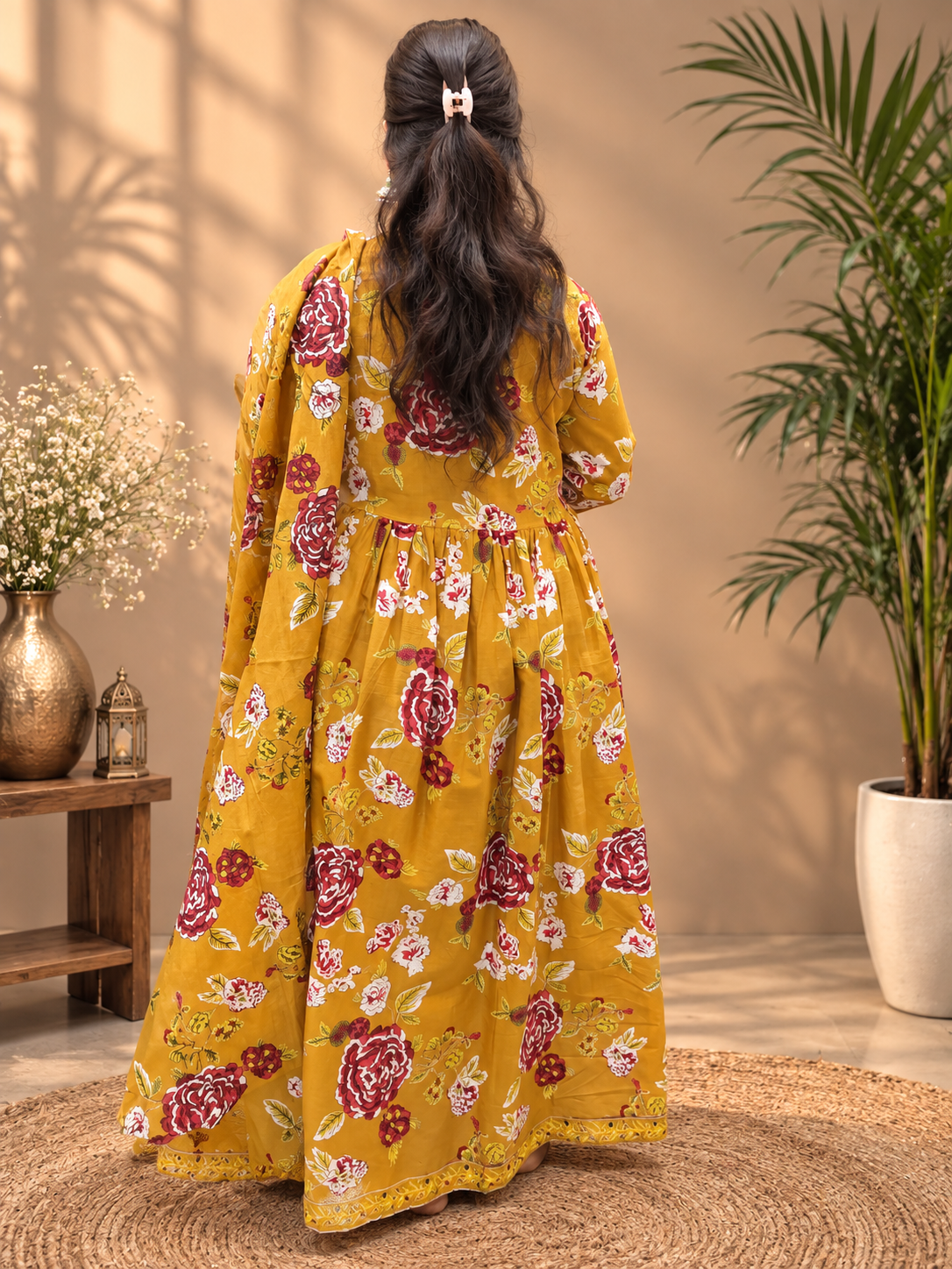 Mustard Yellow Floral Cotton Anarkali Suit Set
