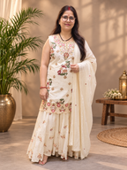Ivory Floral Printed Cotton Kurta Set with Mul Cotton Skirt