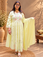 Pastel Yellow Cotton Embroidered Anarkali Suit Set