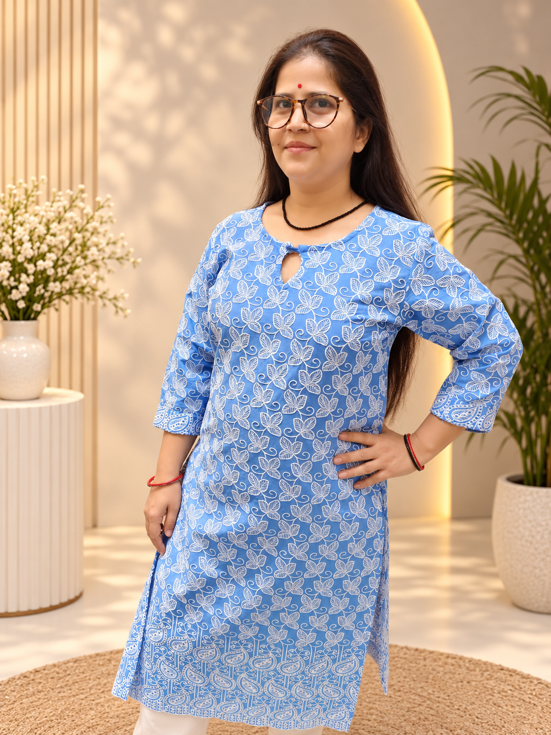 Sky Blue Cotton Chicken Work Kurti with Sifily Cutwork