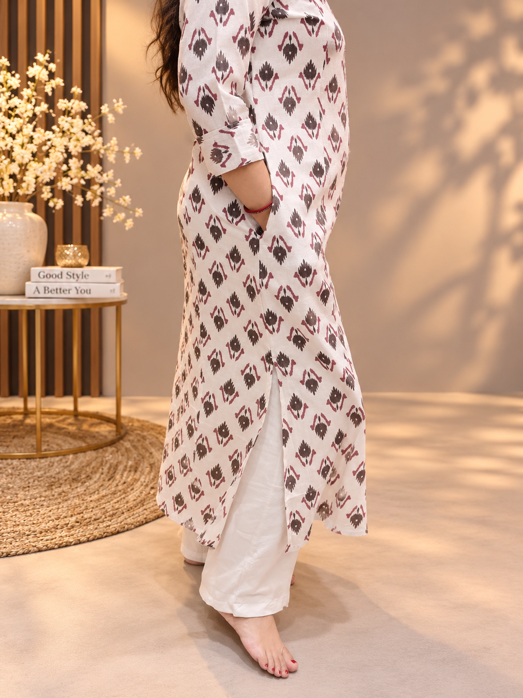 Printed Cotton Front-Button Kurti – Off-White Floral Motif