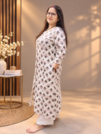Printed Cotton Front-Button Kurti – Off-White Floral Motif