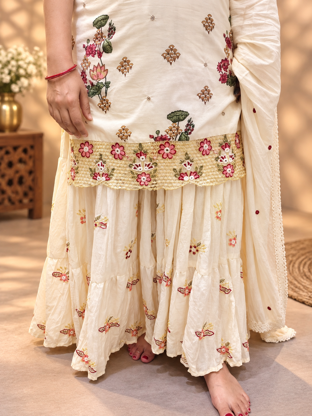 Ivory Floral Printed Cotton Kurta Set with Mul Cotton Skirt