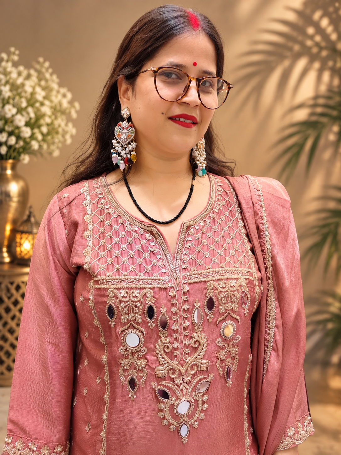 Dusty Rose Mirror Work Sharara Suit Set