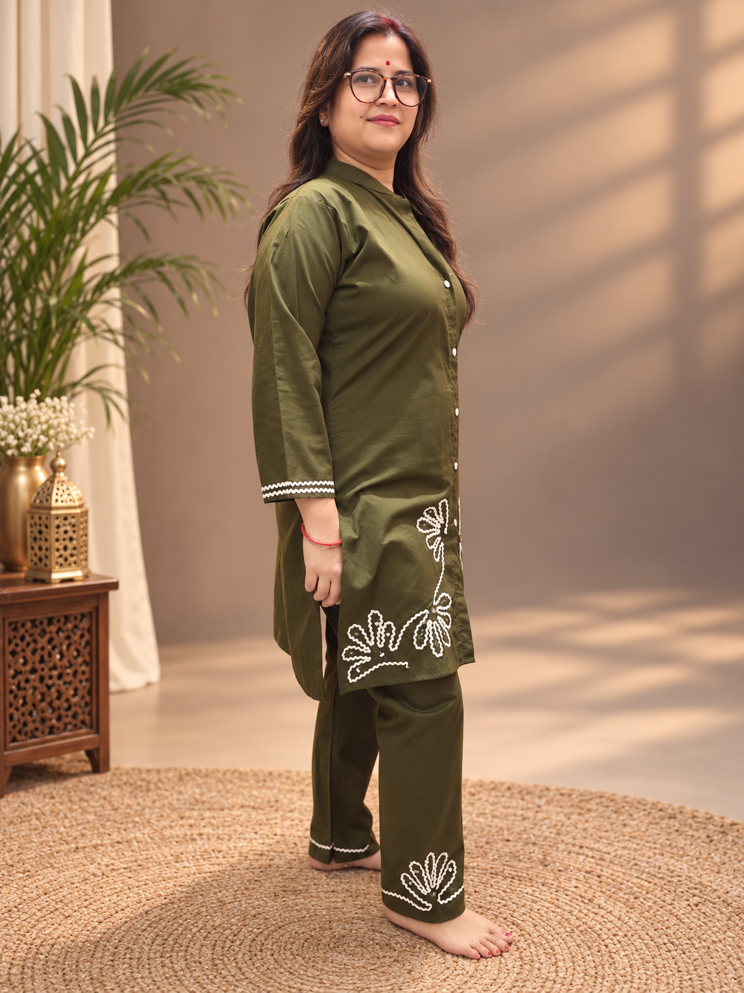 Olive Green Cotton Embroidered Co-ord Set