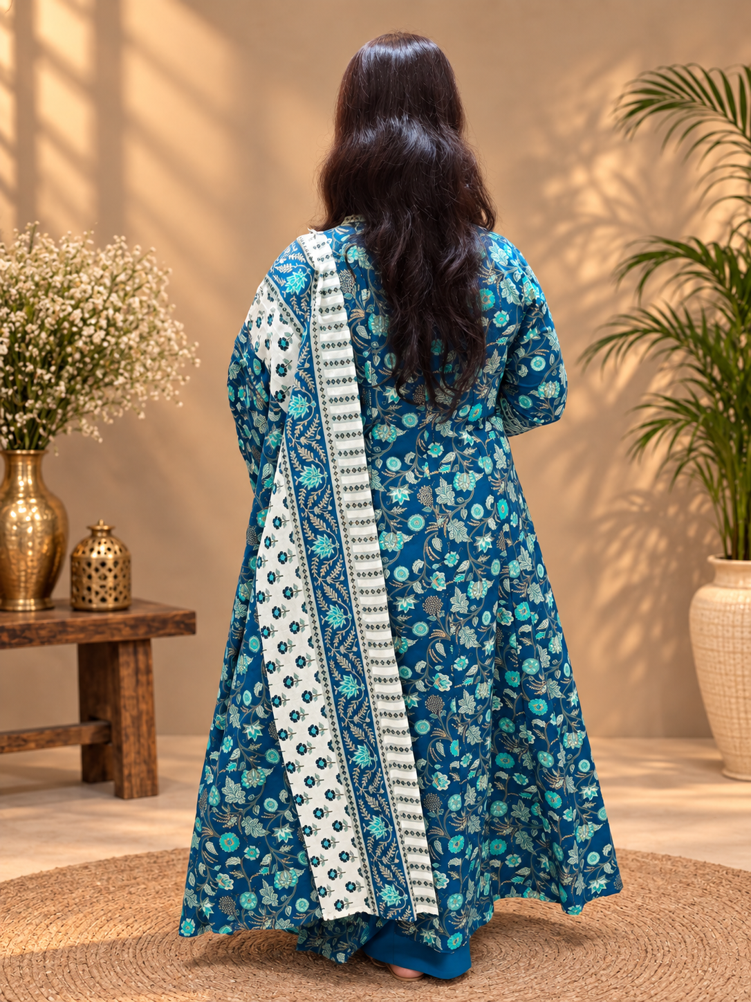 Cotton Anarkali Suit Set – Royal Blue Floral Print