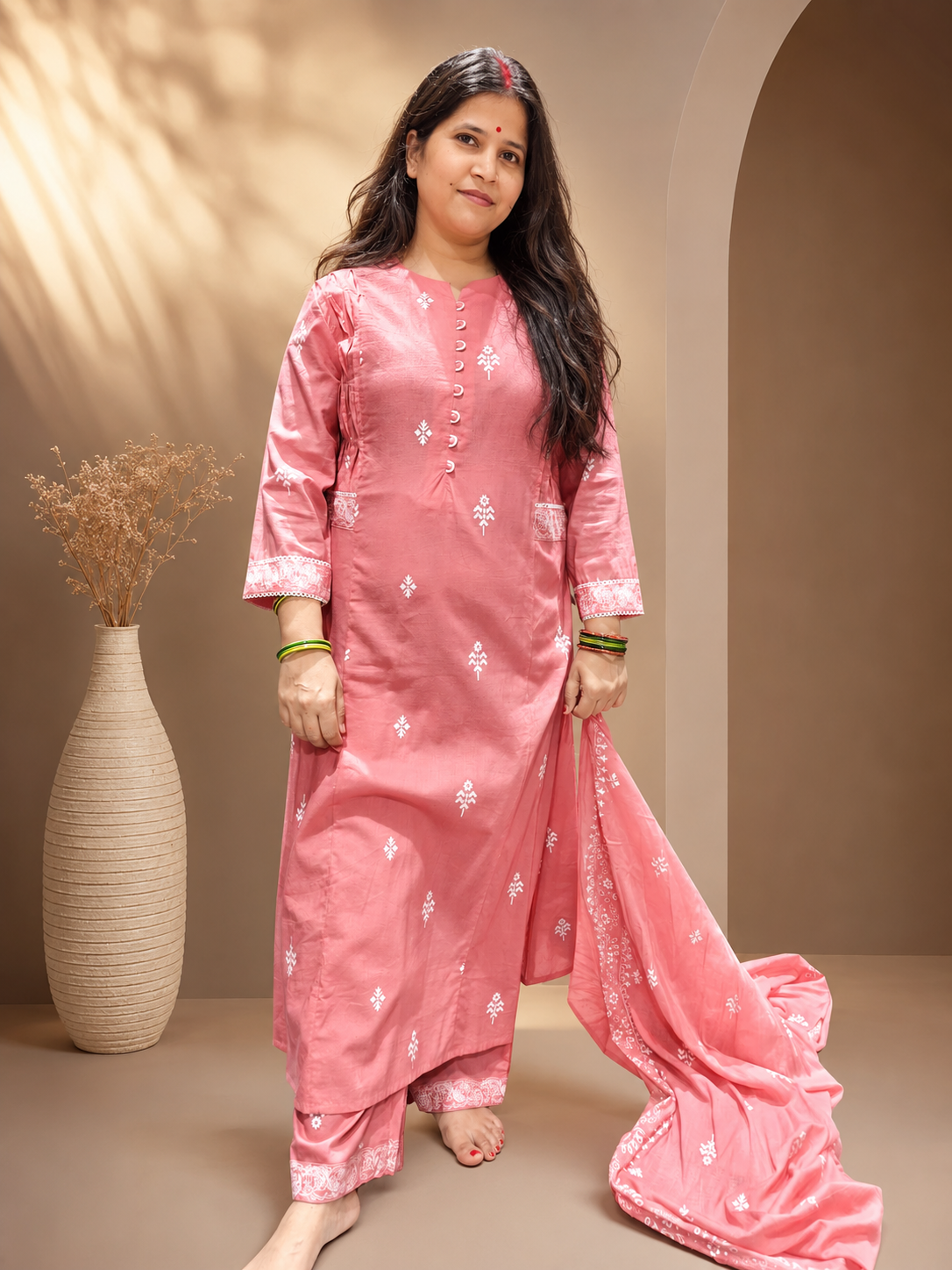 Premium Pink Cotton Printed Suit Set – 3 Piece