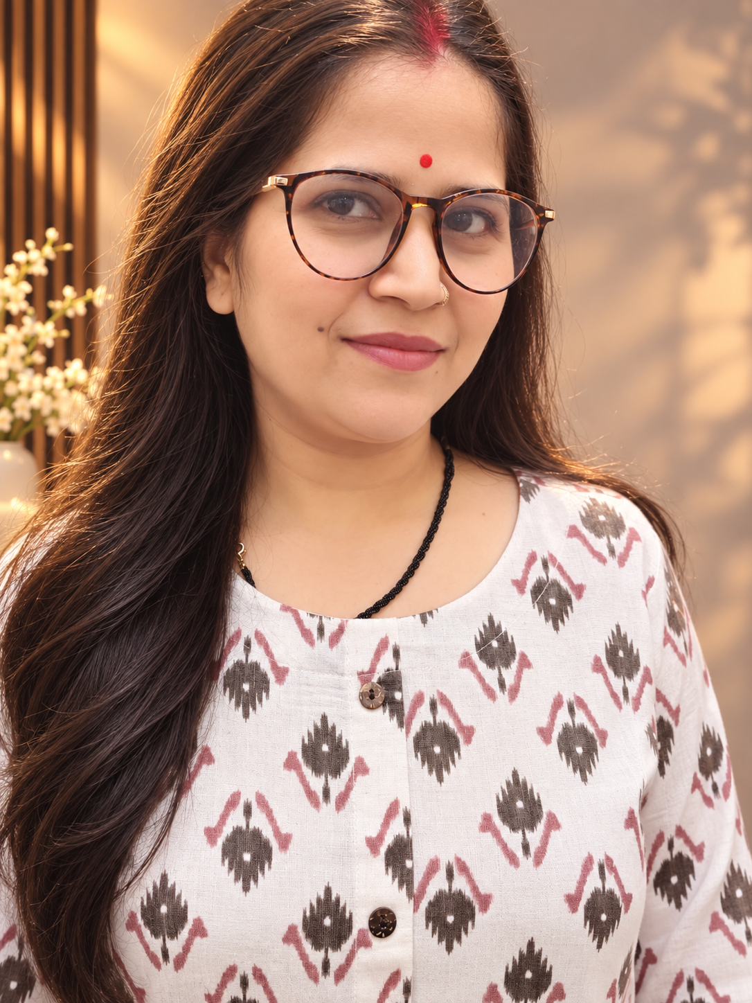 Printed Cotton Front-Button Kurti – Off-White Floral Motif