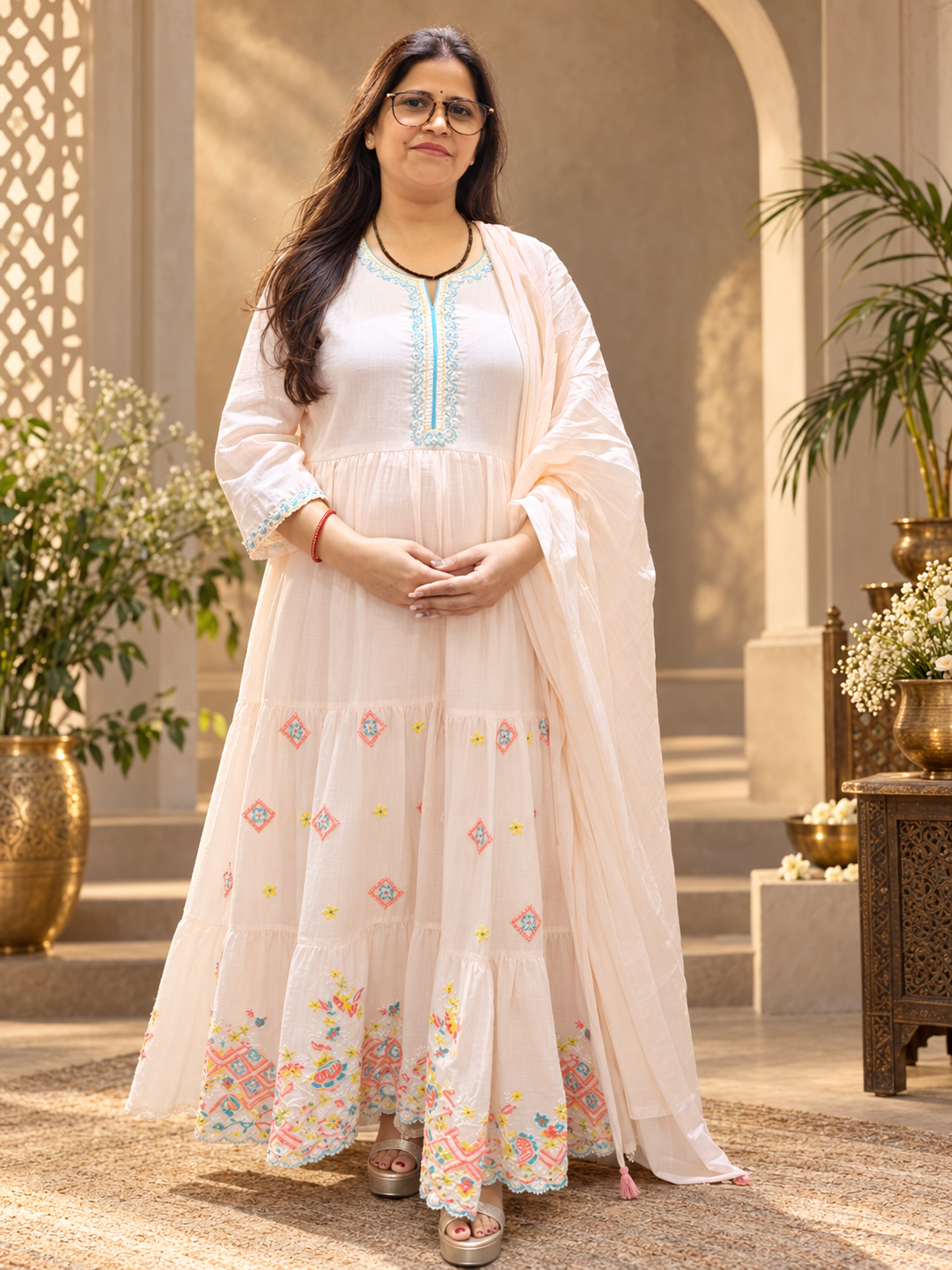Peach Cotton Mul Anarkali 3-Piece Suit with Printed Border & Dupatta