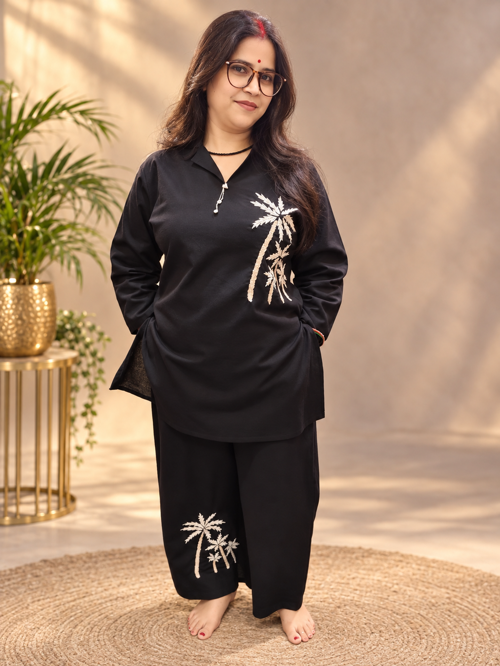 Black Cotton Co-ord Set with Palm Tree Embroidery