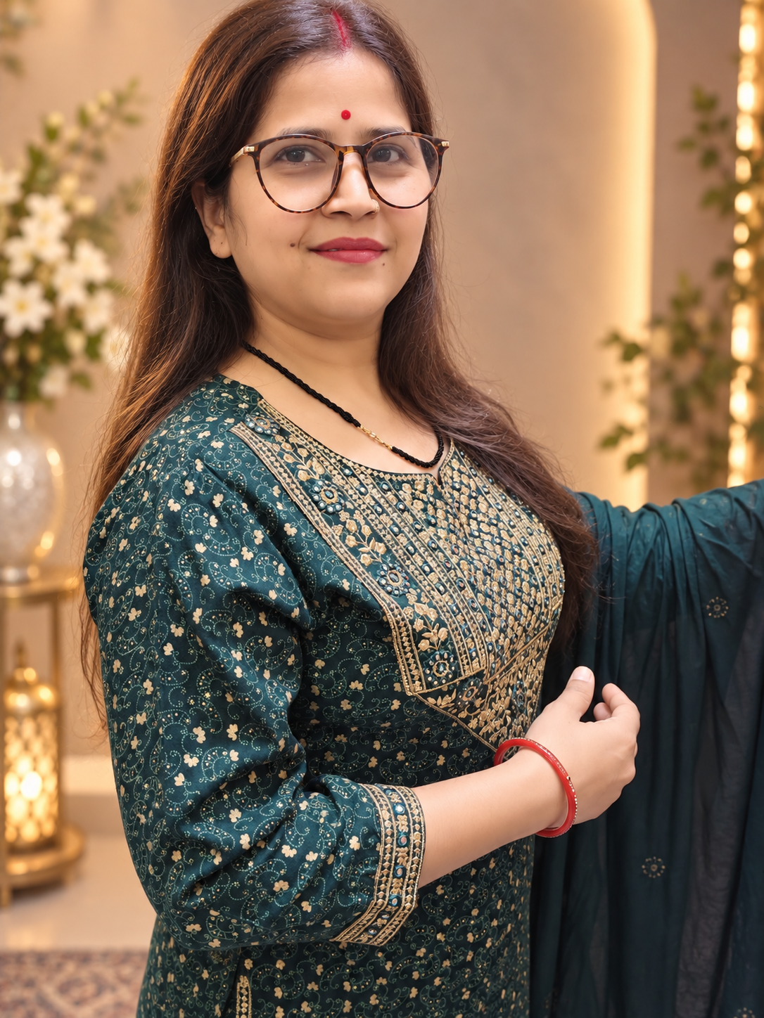 Bottle Green Rayon Printed Suit Set with Dupatta
