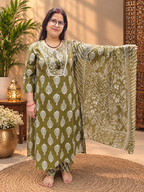 Olive Green Cotton Printed Kurta Pant & Dupatta Set