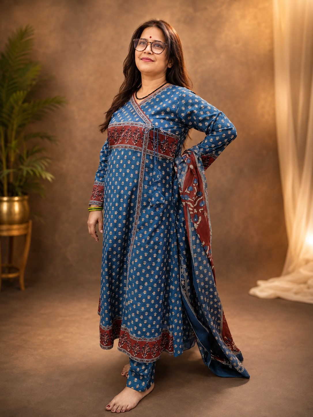 Indigo Ajrak Cotton 3-Piece Suit Set – Angrakha Style