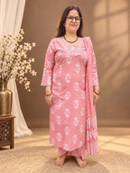 Pastel Pink Floral Printed Cotton Suit Set with Dupatta