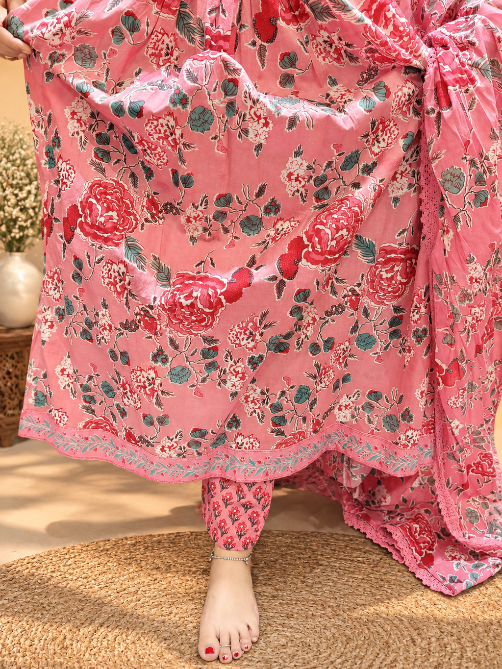 Pink Floral Printed Cotton Anarkali Suit Set