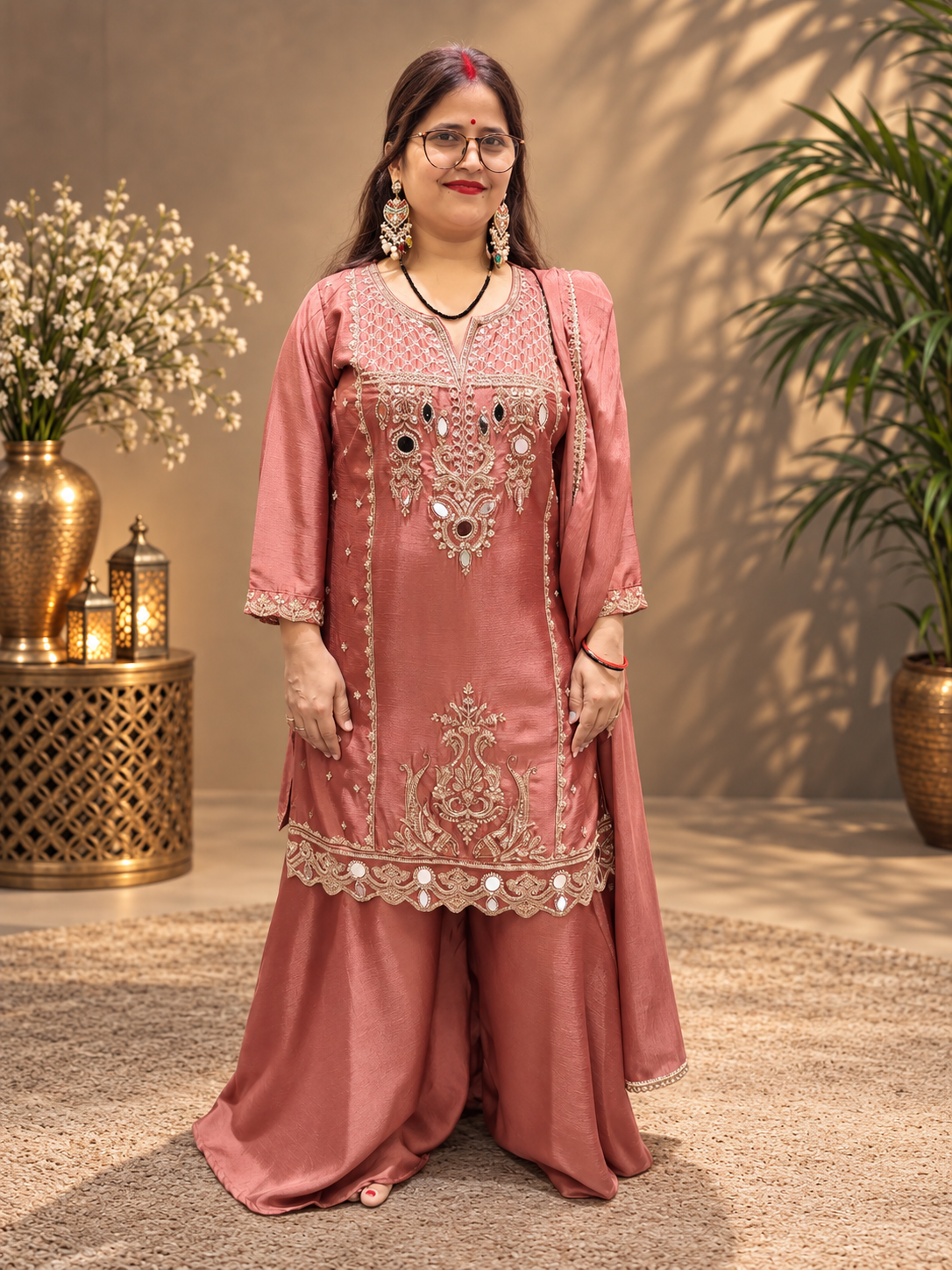 Dusty Rose Mirror Work Sharara Suit Set