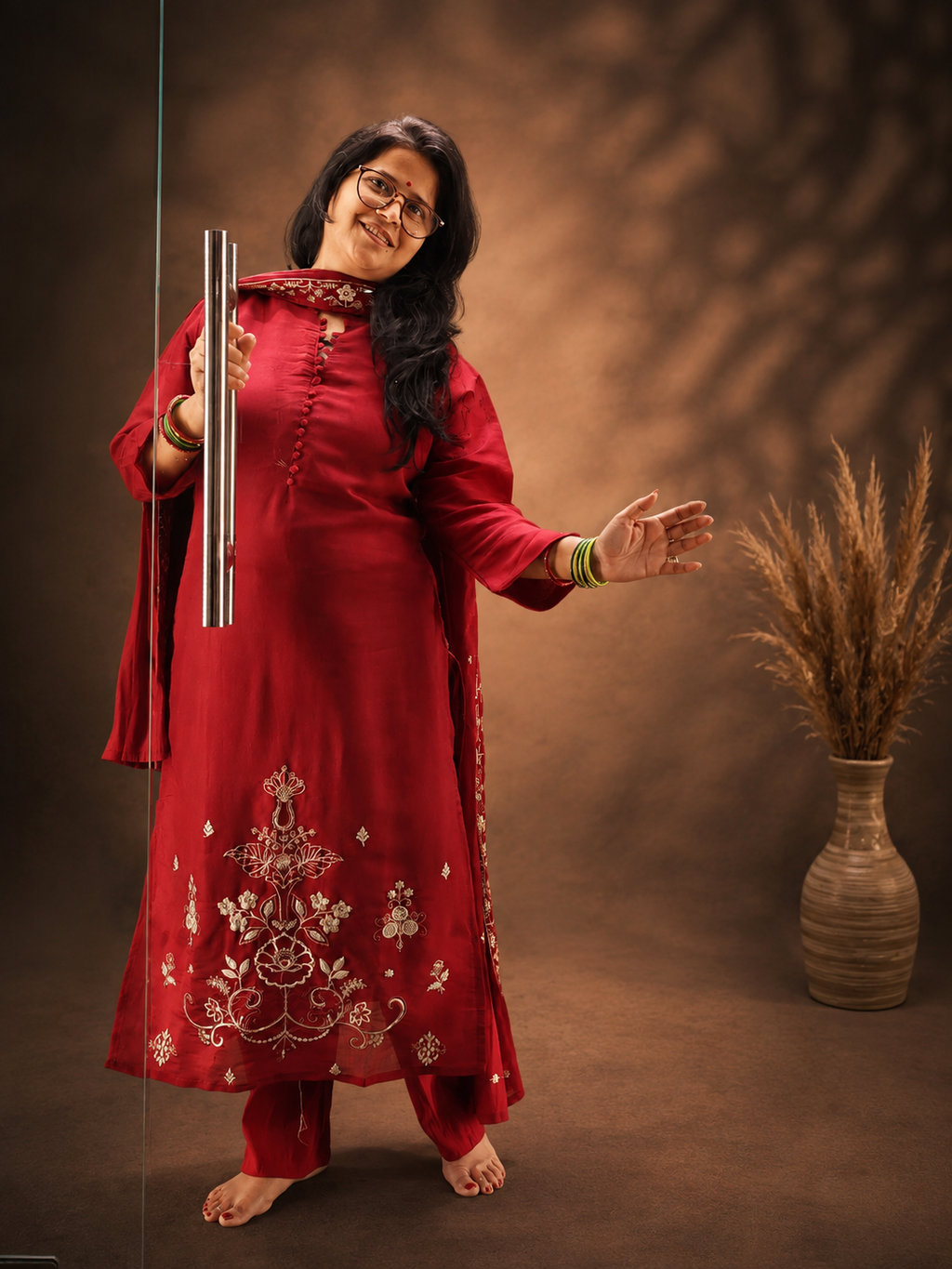 Maroon Floral Embroidered 3-Piece Suit Set