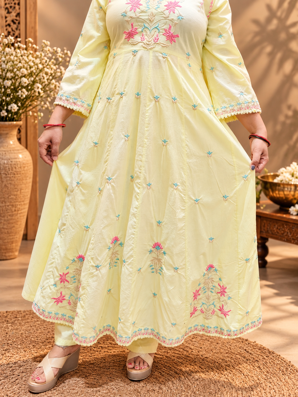 Pastel Yellow Cotton Embroidered Anarkali Suit Set