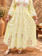 Pastel Yellow Cotton Embroidered Anarkali Suit Set