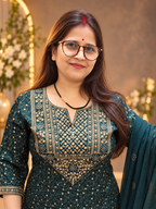 Bottle Green Rayon Printed Suit Set with Dupatta