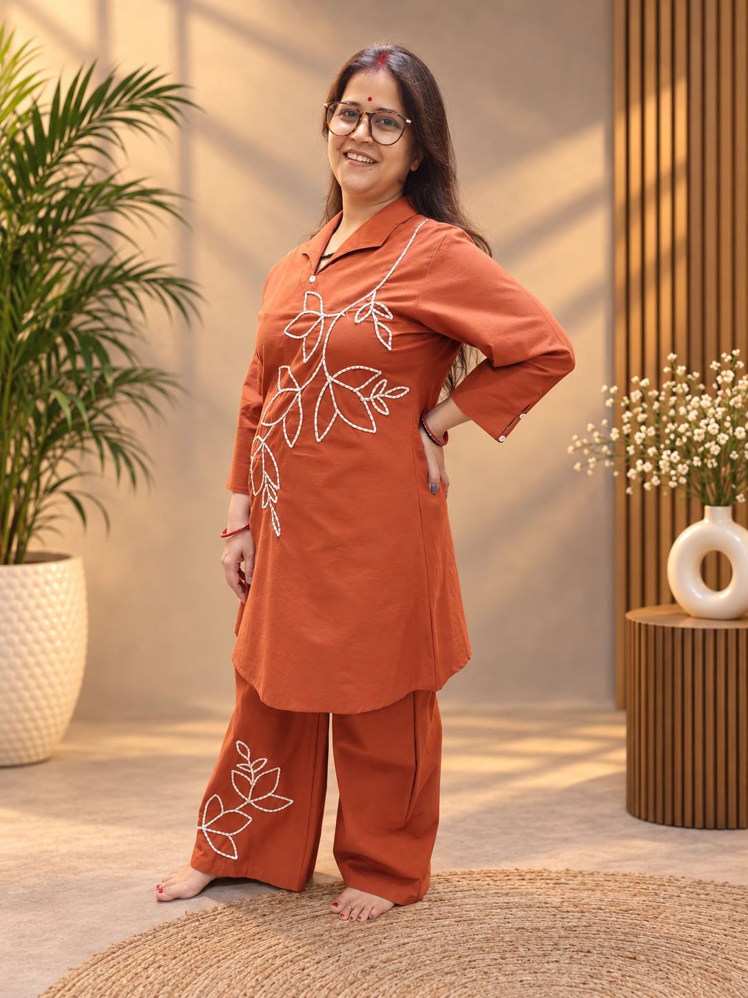 Rust Orange Cotton Embroidered Co-ord Set with Palazzo Pants