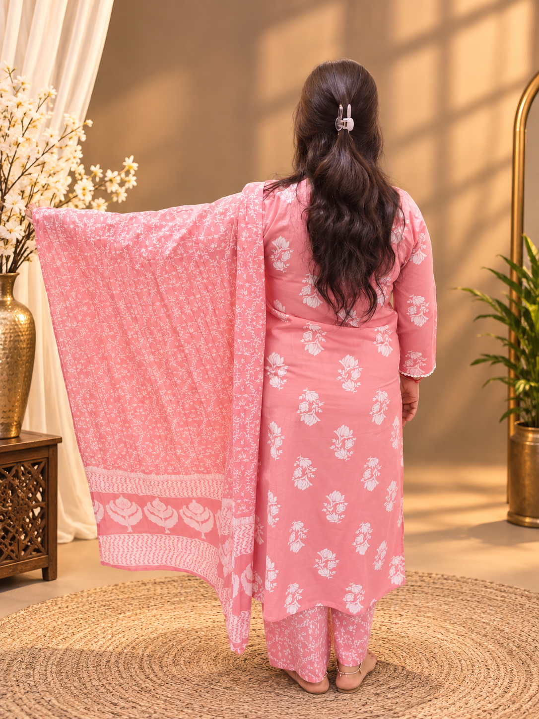 Pastel Pink Floral Printed Cotton Suit Set with Dupatta