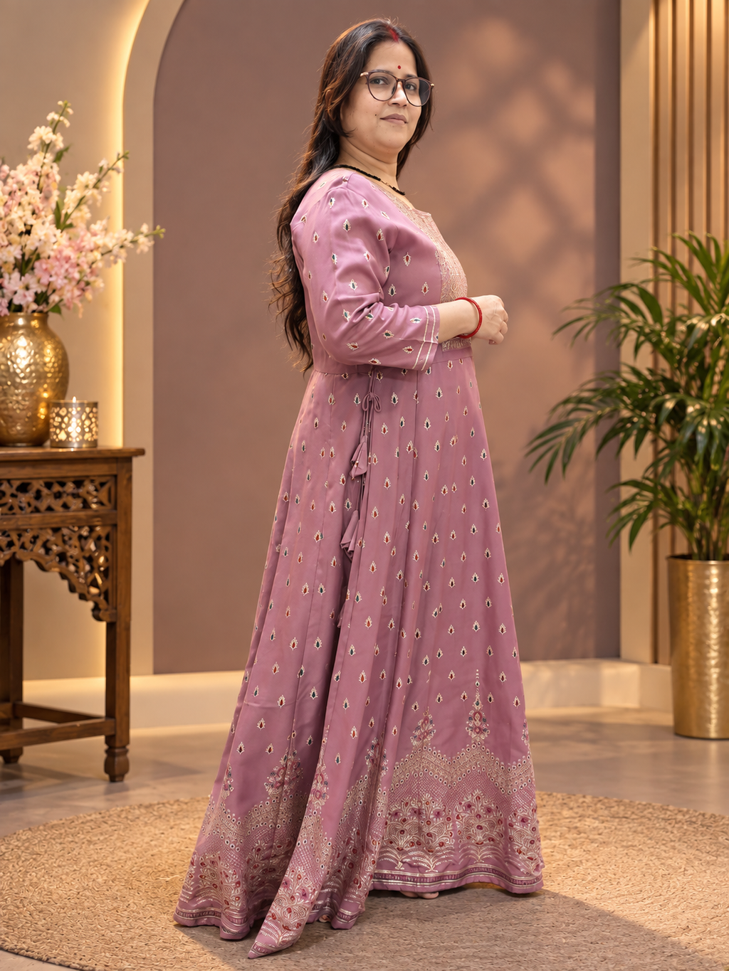 Dusty Mauve Rayon Printed Anarkali Long Kurti Dress