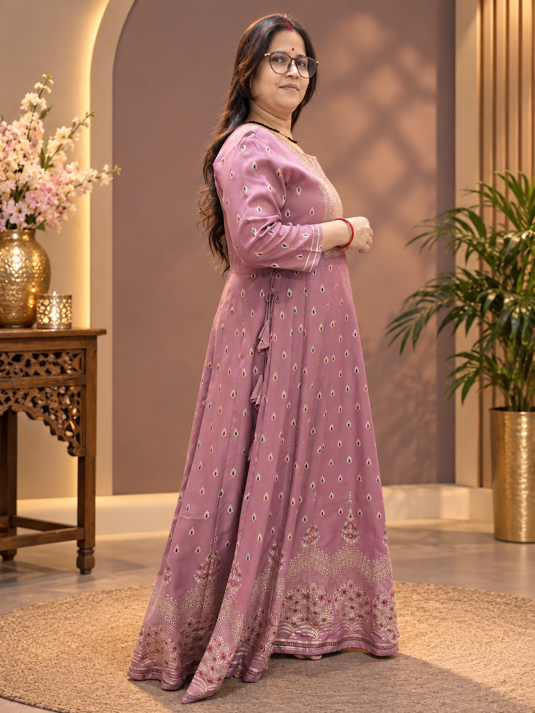 Dusty Mauve Rayon Printed Anarkali Long Kurti Dress