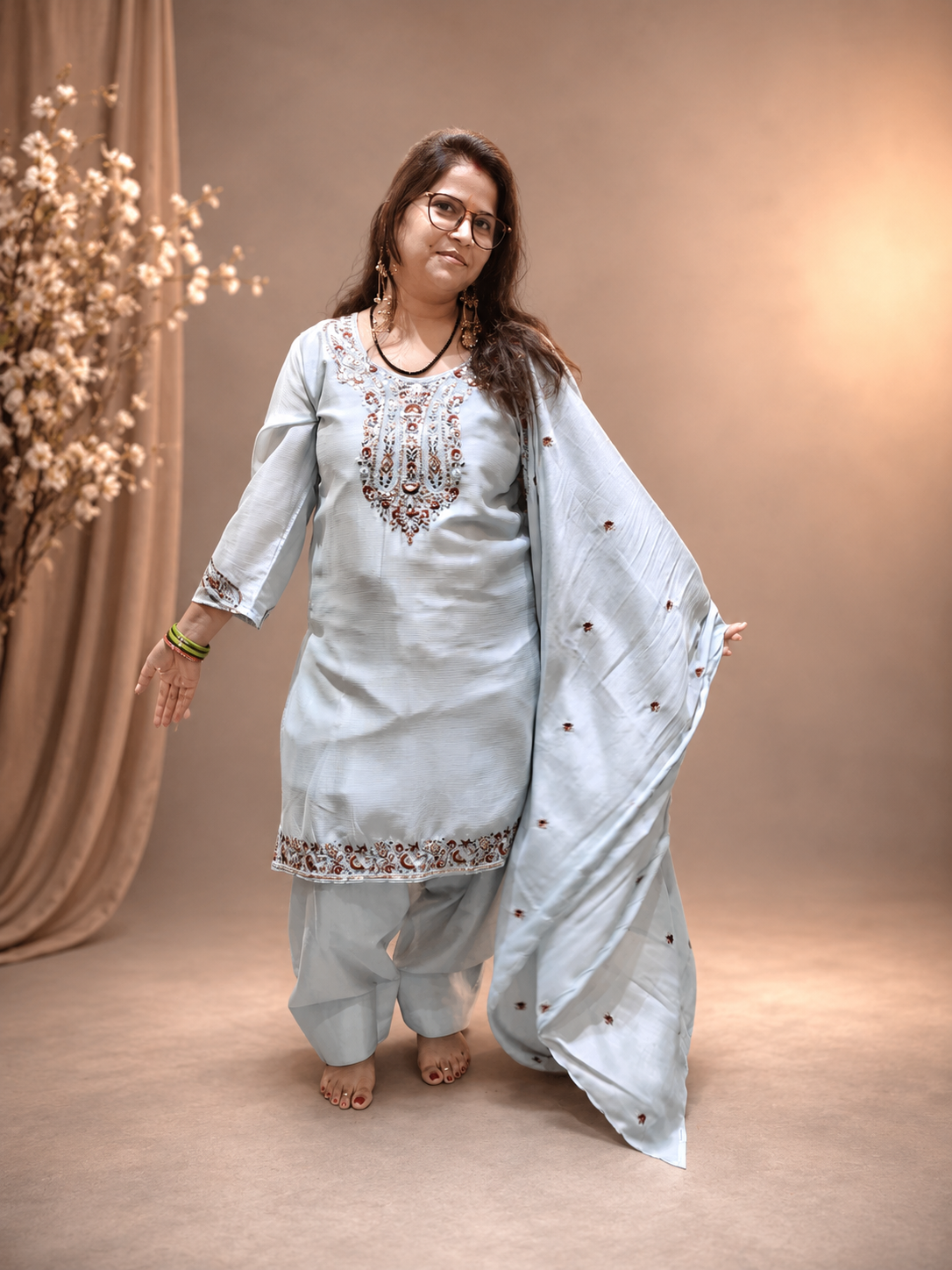 Powder Blue Embroidered Farshi Salwar 3 Pcs Suit Set