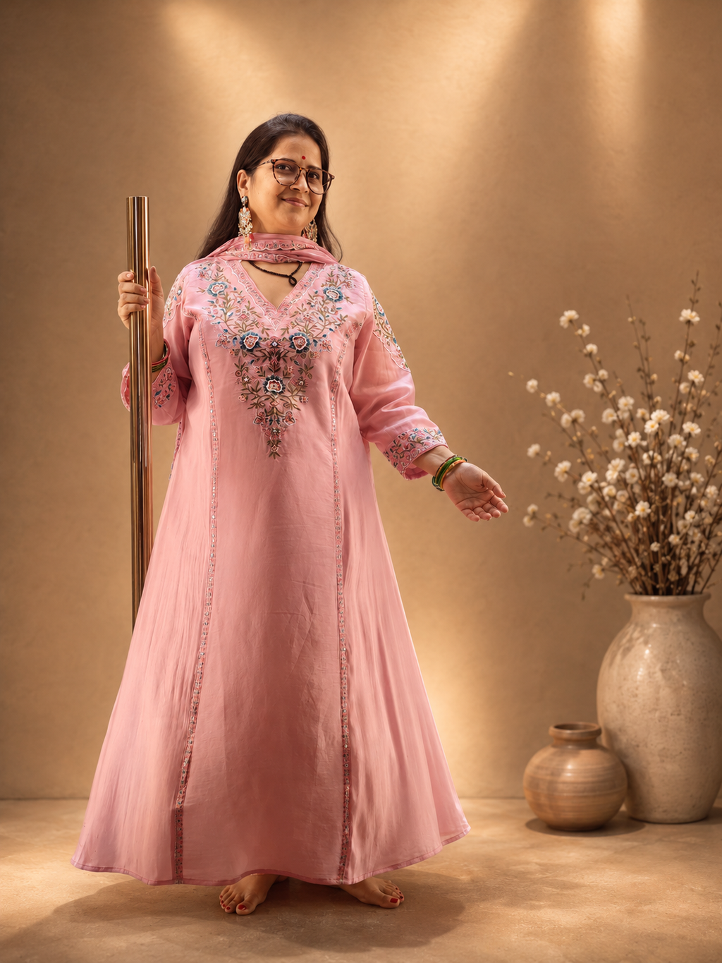 Pink A-Line Long 3-Piece Suit Set – Floral Embroidered
