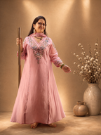 Pink A-Line Long 3-Piece Suit Set – Floral Embroidered