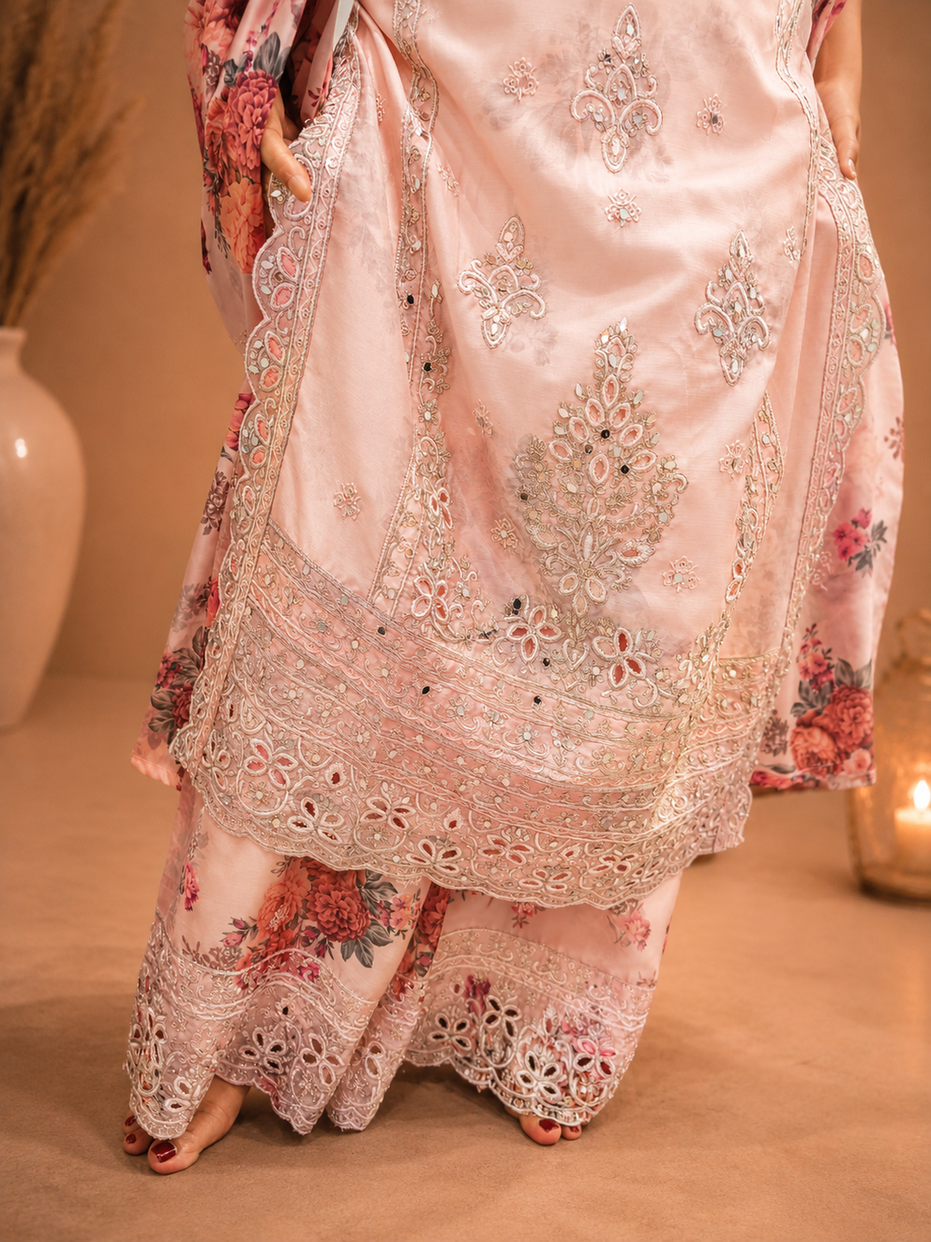 Blush Pink Floral Embroidered 3-Pcs Suit Set