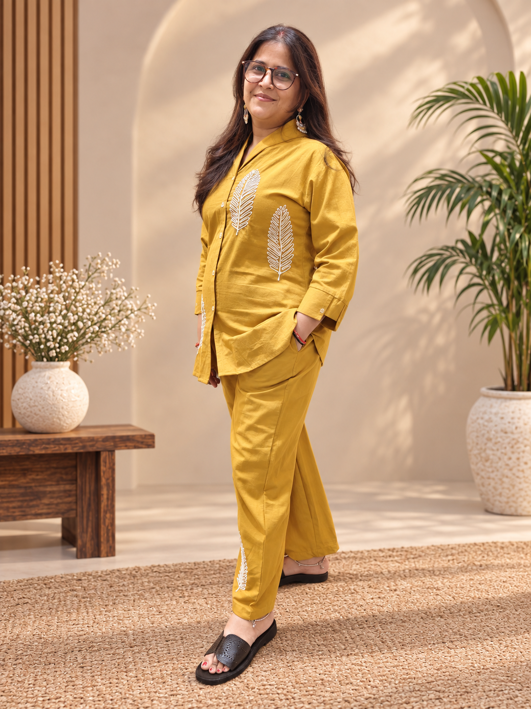 Mustard Leaf Embroidered Cotton Co-ord Set