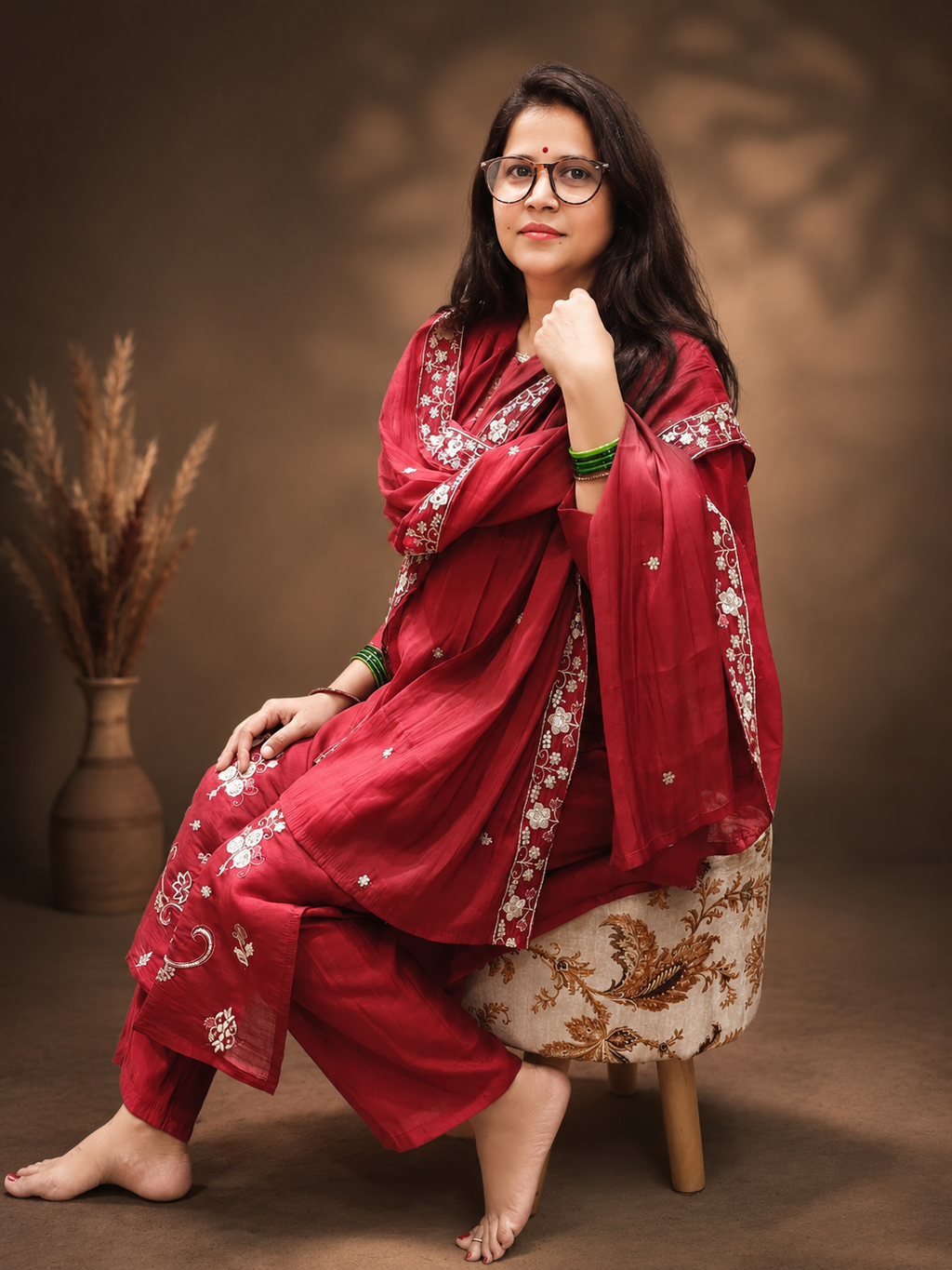 Maroon Floral Embroidered 3-Piece Suit Set