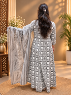 Black & White Printed Cotton Anarkali Suit Set with Dupatta