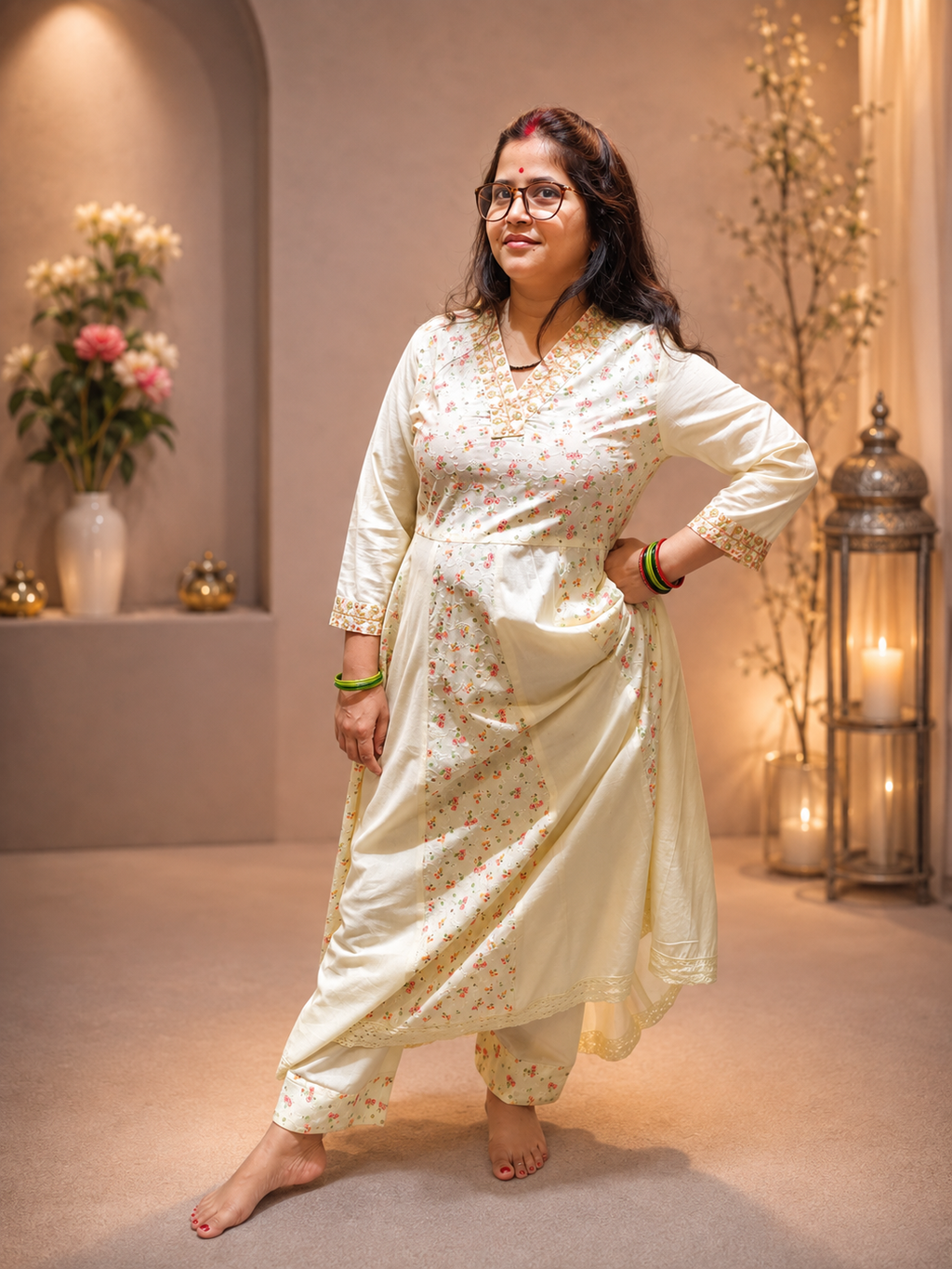 Ivory Cotton Co-ord Set with Sifli Print – Anarkali Silhouette