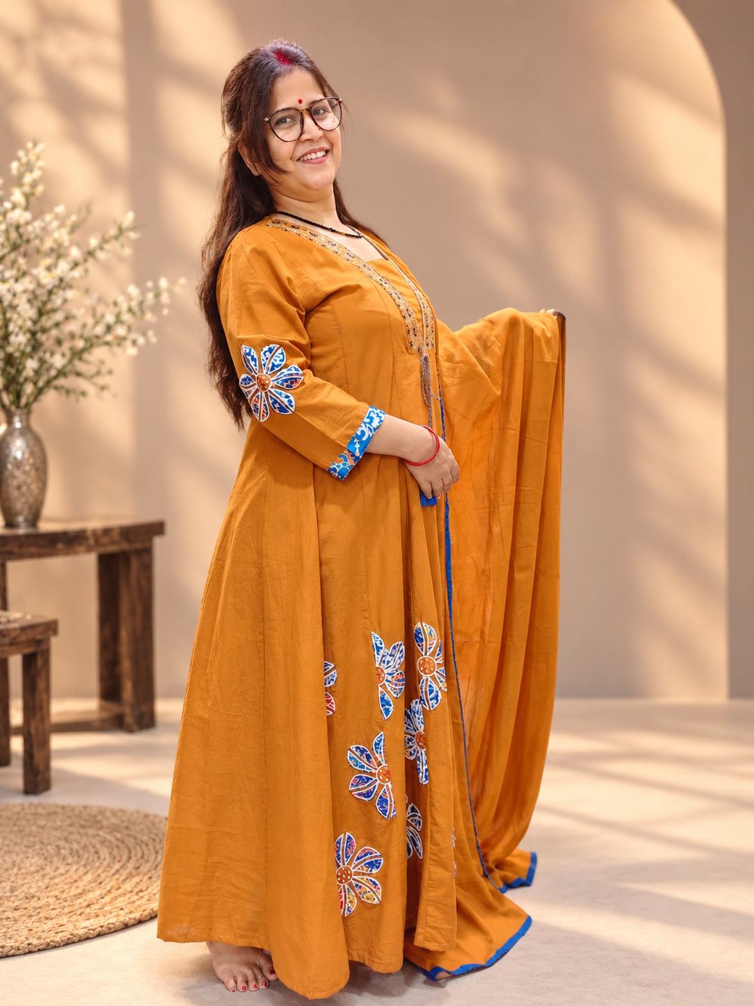 Mustard Ochre Cotton Anarkali Suit with Applique Work