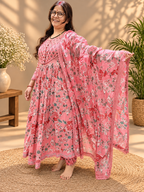 Pink Floral Printed Cotton Anarkali Suit Set