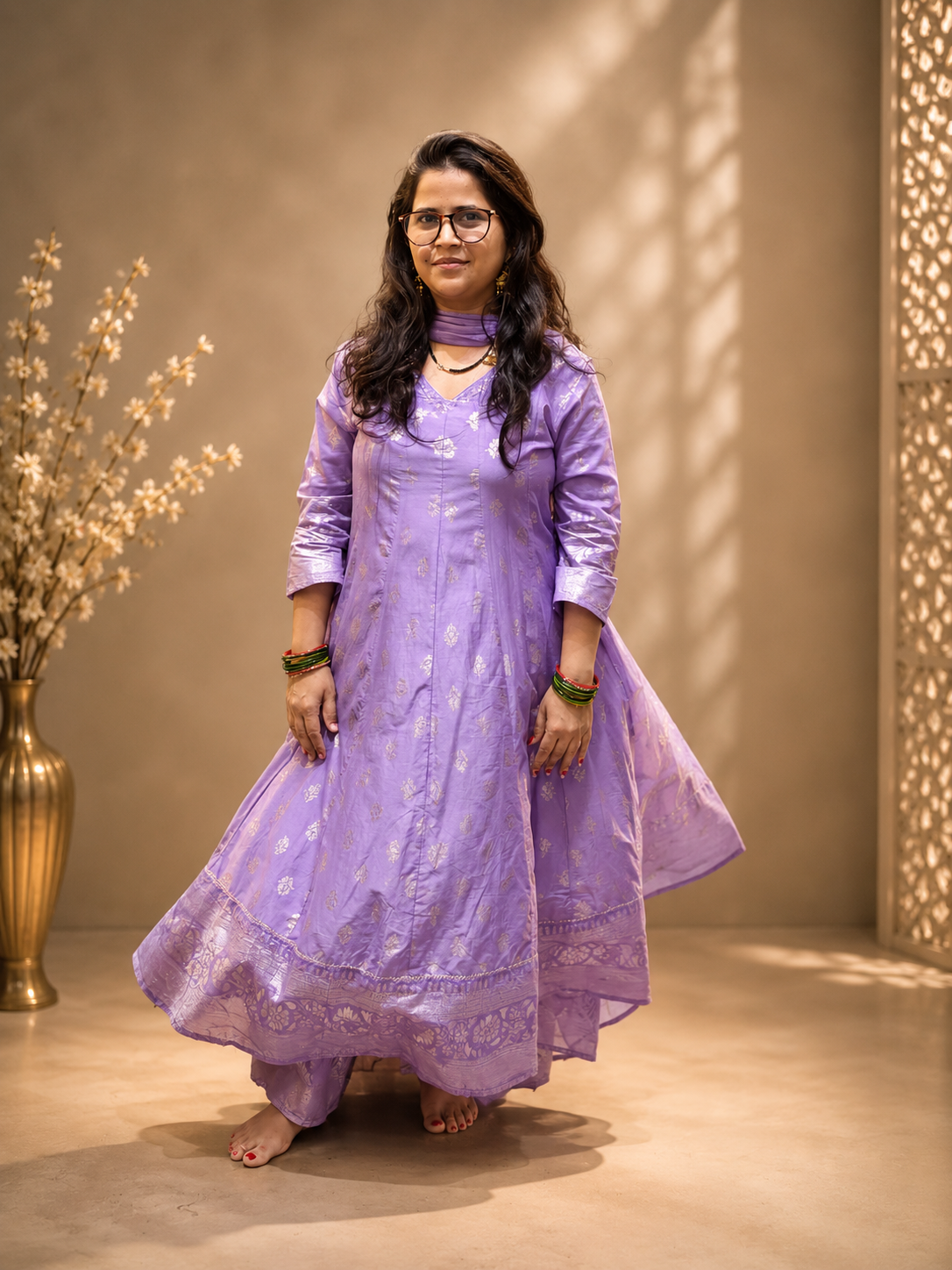 Lavender Mul Chanderi Foil Print Kalidar 3-Piece Suit Set with Palazzo & Dupatta