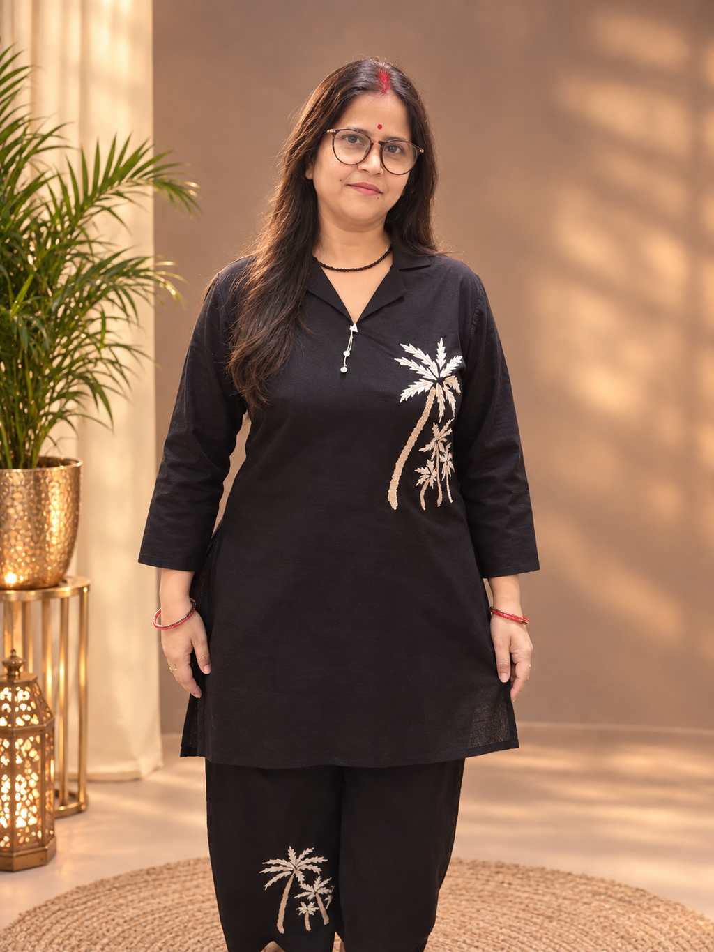 Black Cotton Co-ord Set with Palm Tree Embroidery