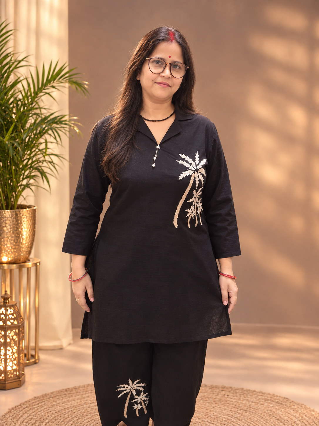 Black Cotton Co-ord Set with Palm Tree Embroidery