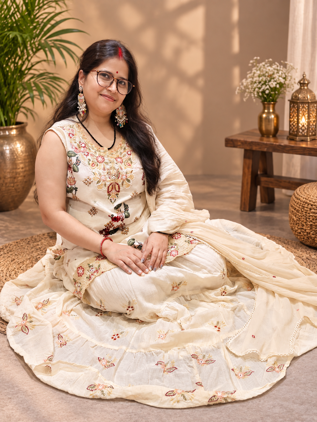 Ivory Floral Printed Cotton Kurta Set with Mul Cotton Skirt